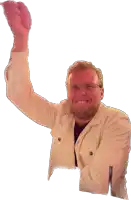 a man wearing glasses and a white jacket is raising his hand in the air