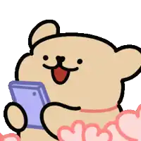 a teddy bear is holding a cell phone with hearts coming out of it