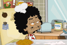 a cartoon of a man in a chef 's hat with a plate of food in front of him