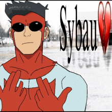 a cartoon drawing of a superhero with sybau written on the bottom