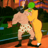 a cartoon of a man wearing shorts with hearts on them and a green mask