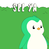 a cartoon of a green penguin with the words see ya behind it
