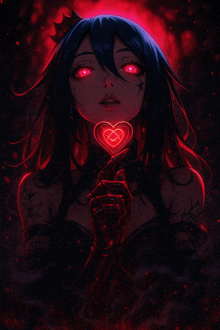 a girl with red eyes is holding a heart shaped lollipop