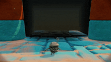a cartoon character with a huge mouth is walking through a dark room