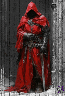 a man in a red cloak holding a sword is standing in front of a wall