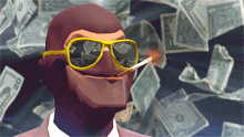 a man wearing sunglasses is smoking a cigarette in front of a pile of money that says 20 on it