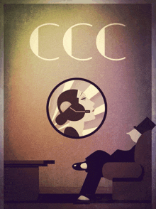 a poster for ccc shows a woman smoking a cigar and a man reading a book