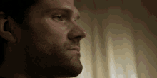 a close up of a man 's face with a beard looking out a window