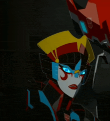 a cartoon drawing of a female transformer with blue eyes and a yellow hat