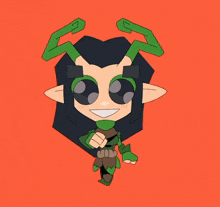 a cartoon drawing of a girl with green horns and sunglasses