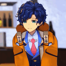 a boy with blue hair is wearing an orange jacket and a red tie