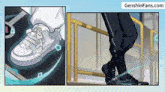 a cartoon drawing of a person 's feet and a website called genshinfans.com
