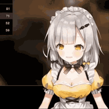a girl with gray hair and yellow eyes is wearing a yellow dress and a maid costume .