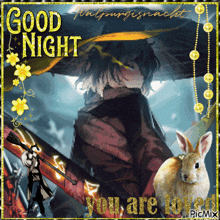 a picture of a witch holding a broom and a rabbit says good night you are loved