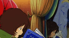 a cartoon of a boy reading a book with the letter m on the cover