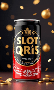 a can of mb slot qris is surrounded by golden coins