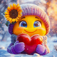 a smiley face wearing a hat and scarf holds a red heart