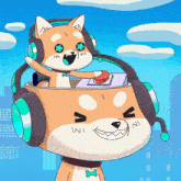a cartoon of a dog wearing headphones and a button in its head