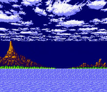a pixel art landscape with a mountain in the distance