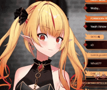 a girl with blonde hair and red eyes is talking to someone in a video game