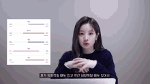 a woman is sitting in front of a laptop with a graph behind her that says ' percentage ' on it