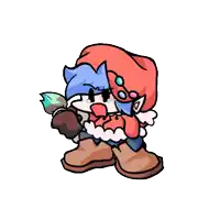 a cartoon character is holding a brush and wearing a red hat .