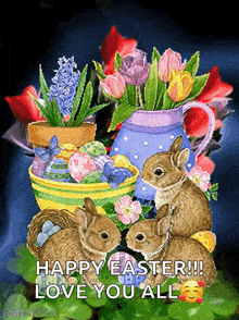 a happy easter greeting card with three rabbits and a vase of flowers