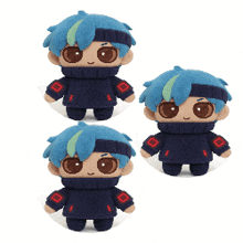 three stuffed dolls with blue hair and red sleeves are sitting next to each other