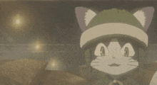 a cartoon drawing of a cat and a girl with a green hat