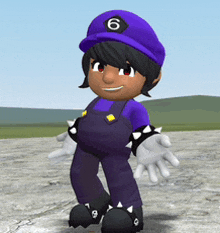 a cartoon character wearing a purple hat with a number 6 on it