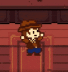 a pixel art of a cowboy in a cowboy hat is dancing in a room .