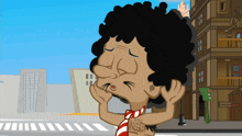 a cartoon of a man covering his ears with his hands in front of a building