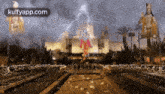 a statue of krishna is flying through the air in front of a lightning storm .