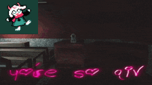a pixel art of a cat with the words " you 're so qtv " written in neon