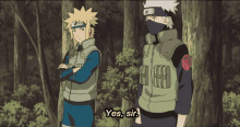 two anime characters are standing next to each other and one of them is saying yes sir
