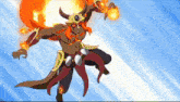 a cartoon character with horns and red eyes is holding a fireball