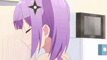 a girl with purple hair has a ninja star on her hair