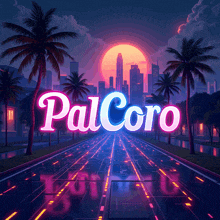 a neon sign for palcoro with palm trees and a city in the background
