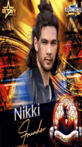 a poster for nikki founder with a man in a suit