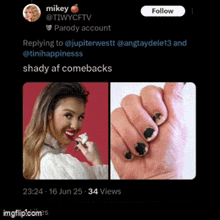 a picture of a woman and a picture of someone 's hand with black nails