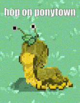 a pixel art of a snail with a frog on its head and the words hop on ponytown above it .