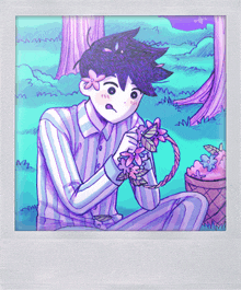 a drawing of a boy with flowers on his hair