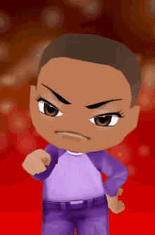 a cartoon character with a purple shirt and purple jeans