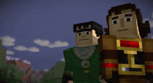 three minecraft characters standing next to each other with one wearing a gold armor