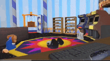 a room with a keyboard and a few arcade games including pong
