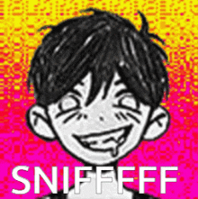 a black and white drawing of a boy with a smile on his face and the words snifffff written below him .