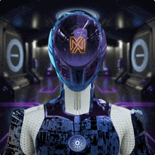 a futuristic robot with a purple helmet with a x on it