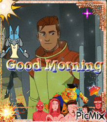 a picture of a cartoon character with the words good morning on it