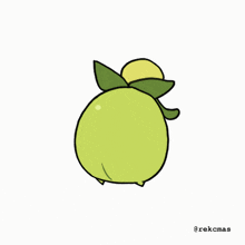 a cartoon drawing of a green apple with a yellow leaf and the hashtag @rekcmas