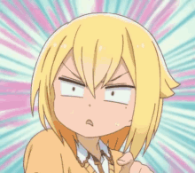 a cartoon girl with blonde hair is making a funny face